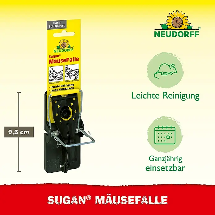Neudorff Sugan Mausefalle - Schlagfalle, Kunststoff - Das Bild zeigt eine Sugan® Mausefalle von Neudorff, mit hoher Schlagkraft und einfacher Reinigung, ideal für den ganzjährigen Einsatz gegen Mäuse.