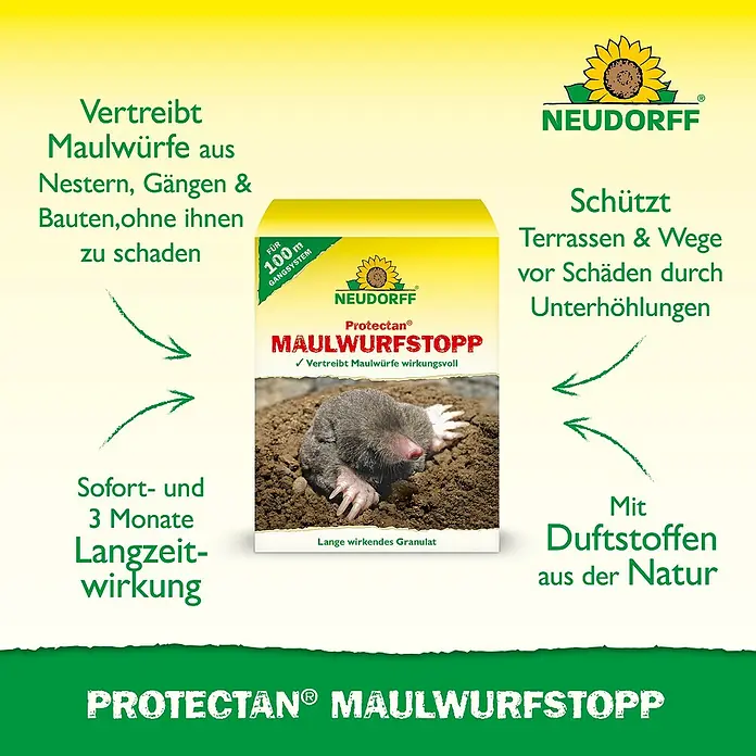 Neudorff Protectan Tiervertreiber Maulwurf-Stopp - 200 g - Abbildung des Neudorff Protectan Maulwurfstopp, ein Produkt zur Vertreibung von Maulwürfen aus Gärten und Terrassen.