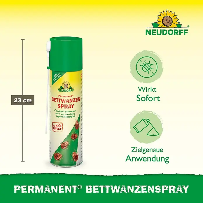 Neudorff Permanent Bettwanzenspray Bettwanzen Spray - Wirkstoff: Spinosad - Eine 23 cm hohe Neudorff Permanent Bettwanzen-Sprühdose mit grünem Deckel und gelbem Körper, mit Bettwanzen-Illustrationen.