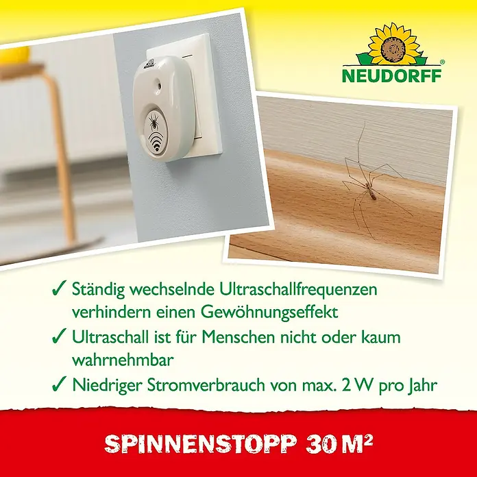 Neudorff Schädlings-Stopp - Wohnraum, Geeignet für: Spinnen - Spinnenstopp 30M² von Neudorff: Das Ultraschallgerät vertreibt Spinnen mit wechselnden Frequenzen und niedrigem Stromverbrauch.
