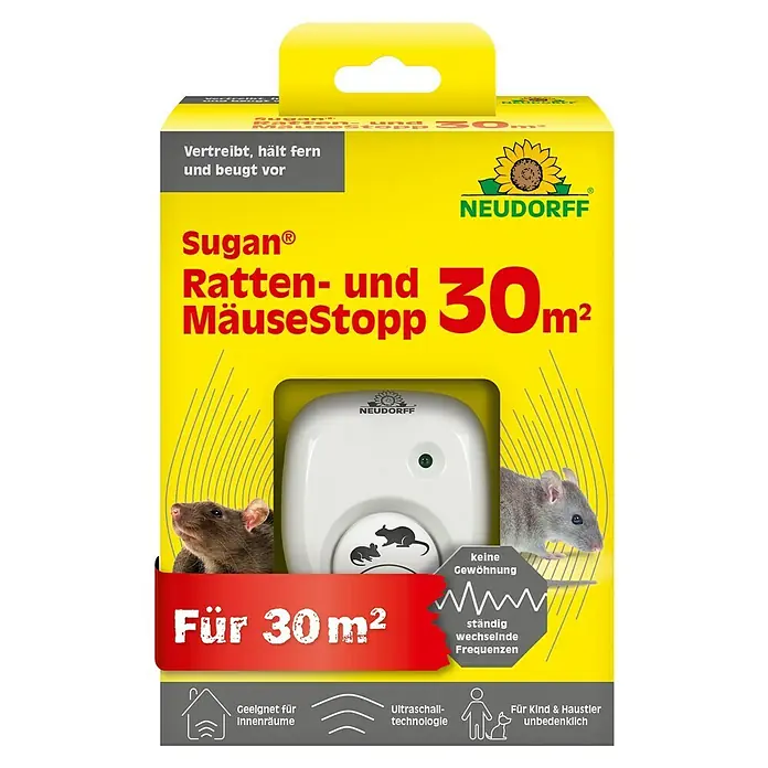 Neudorff Sugan Ratten- & Mäusebekämpfung - Max. Anwendungsfläche: 30 m² - Produktbild: Sugan Ratten- und MäuseStopp 30 m² von Neudorff, zur Vertreibung von Nagetieren in Innenräumen, kind- und haustierfreundlich.