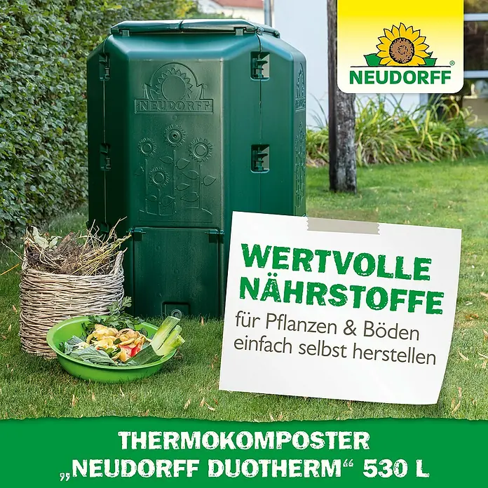 Neudorff Komposter DuoTherm 530 L - 530 l, 82 x 82 x 115 cm - Neudorf Thermokomposter Duotherm 530L mit Kompost, Grünabfällen und Werbeaufsteller. Wertvolle Nährstoffe für Pflanzen und Böden einfach selbst herstellen.