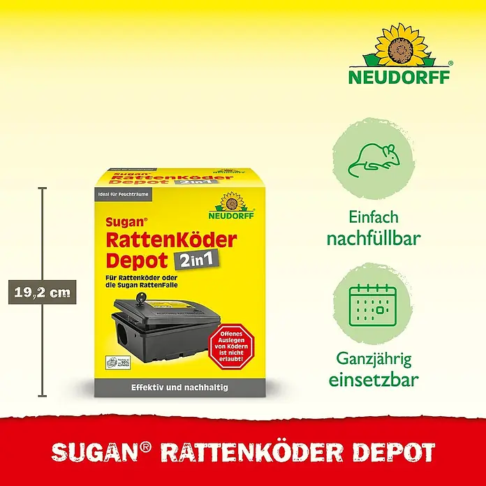 Neudorff Sugan Rattenköder-Depot - 1 Stk. - Sugan Rattenköder Depot 2in1: Eine effektive und nachhaltige Lösung zur Bekämpfung von Ratten, ideal für Feuchträume und ganzjährig einsetzbar.