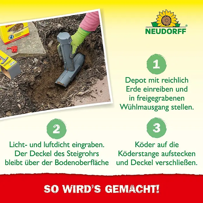 Neudorff Quiritox Wühlmausköder Depot - 67 x 248 x 275 mm - Anleitung zur Anwendung der Neudorff Wühlmausfalle: Eingraben, Köder platzieren und verschließen für eine effektive Bekämpfung.