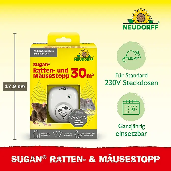 Neudorff Sugan Ratten- & Mäusebekämpfung - Max. Anwendungsfläche: 30 m² - Sugan® Ratten- und Mäusestopp von Neudorff, ein Ultraschallgerät zur Schädlingsbekämpfung in Innenräumen, kinder- und haustierfreundlich.