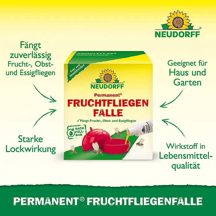 Neudorff Permanent Fruchtfliegen-Falle - 1 Stk. - Abbildung der Neudorff Permanent Fruchtfliegenfalle, die Frucht-, Obst- und Essigfliegen zuverlässig fängt.