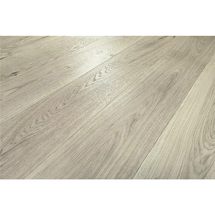 Fertigparkett - Eiche Weiß, 1.900 x 190 x 14 mm, Landhausdiele - Helles Laminat mit Holzmaserung und natürlichen Farbtönen. Das Muster wiederholt sich in den Dielen und erzeugt ein warmes Ambiente.