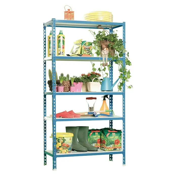 Simonrack Simonclick Metallregal Simonclick Plus - H x B x T: 200 x 100 x 50 cm, Traglast pro Boden: 180 kg, Anzahl Böden: 5 Stk., Stecken, Blau/Weiß - Gartenregal mit diversen Gartengeräten, Pflanzen und Zubehör. Perfekt für Ordnung und Übersicht im Garten oder auf der Terrasse.