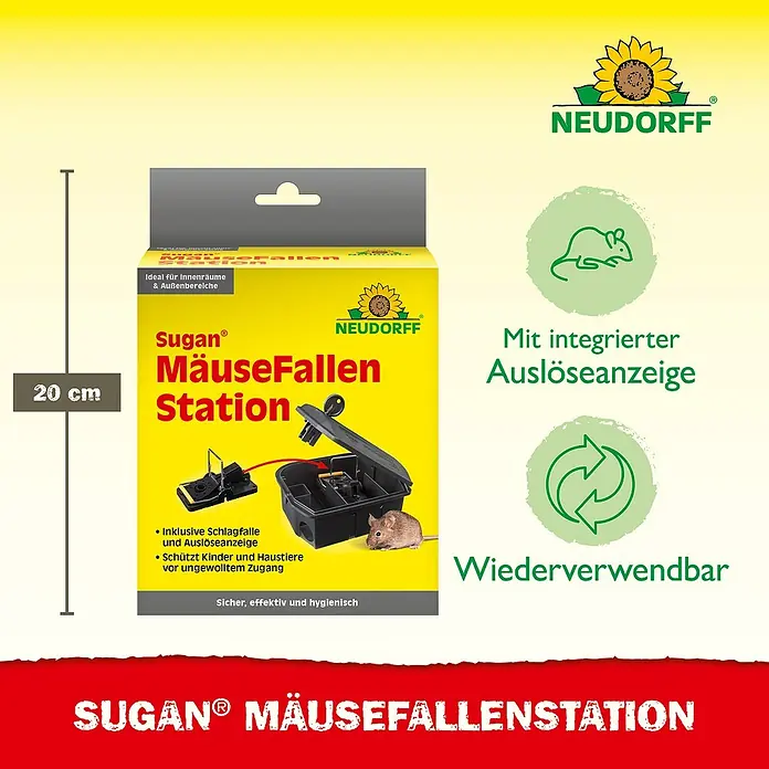 Neudorff Sugan Mausefalle FallenStation - Schlagfalle, Kunststoff - Schwarze Neudorff Sugan Mäusefallenstation, 20 cm, mit kindersicherem Design, integrierter Auslöseanzeige und Schlagfalle. Wiederverwendbar.
