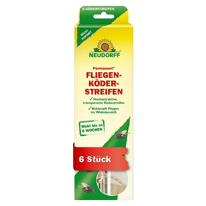Neudorff Permanent Fliegenköder Streifen - 6 Stk. - Neudorff Fliegen-Köder-Streifen, 6 Stück, grüne und gelbe Verpackung. Permanente, transparente Klebestreifen für bis zu 6 Wochen Schutz.