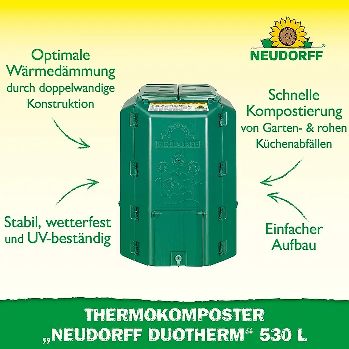 Neudorff Komposter DuoTherm 530 L - 530 l, 82 x 82 x 115 cm - Abbildung eines grünen Neudorff Thermokomposters Duotherm 530 L, der Wärme optimal dämmt und eine schnelle Kompostierung ermöglicht.