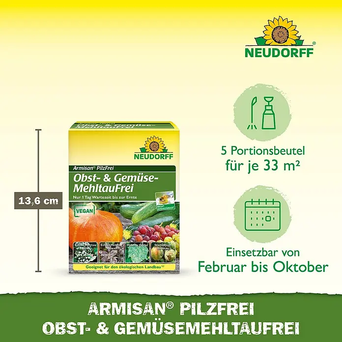 Neudorff Pilzfrei Armisan Obst- & Gemüse-MehltauFrei - 50 g - Armisan PilzFrei Obst- & GemüsehmehltauFrei, ein 13,6 cm hohes, veganes Fungizid für Bio-Obst und Gemüse. 5 Portionsbeutel für je 33 m².
