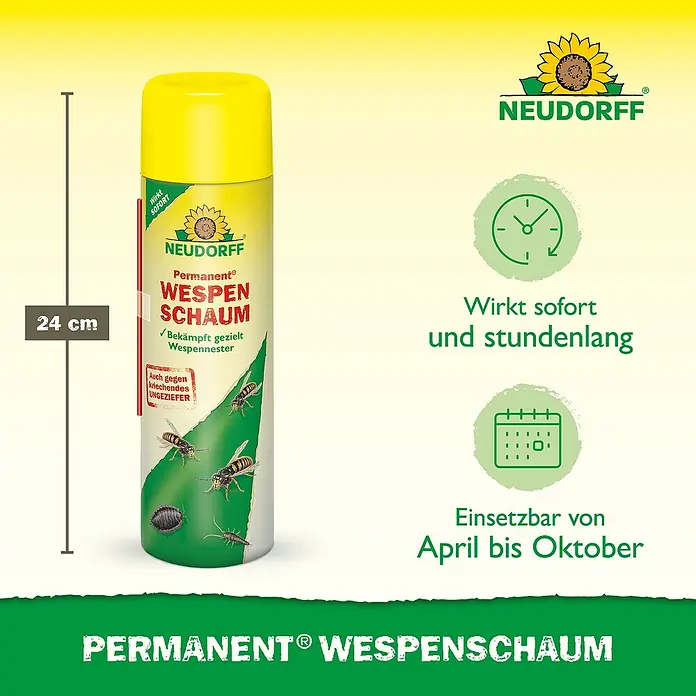 Neudorff Permanent Wespenschaum - 500 ml - Bild einer Dose Permanent® Wespenschaum von Neudorff mit Hinweisen zur Anwendung und Größe.