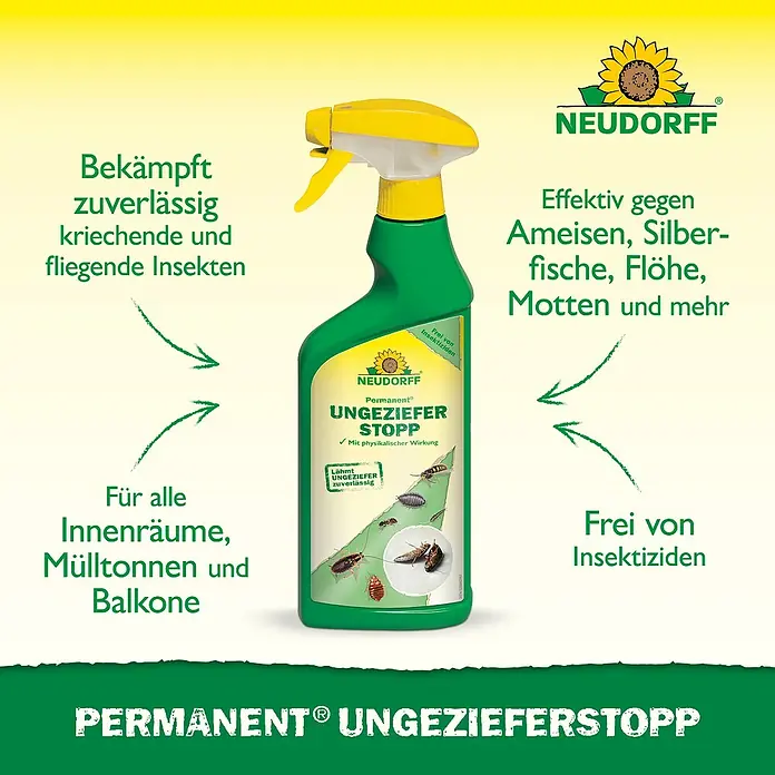 Neudorff Permanent Ungezieferspray Ungezieferstopp - 500 ml - Grüne NEUDORFF Sprühflasche mit gelbem Abzug, beschriftet Permanent® Ungeziefer Stopp, zur Insektenbekämpfung.