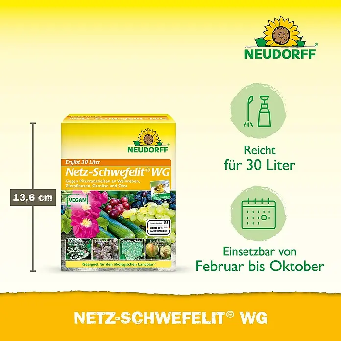 Neudorff Netz-Schwefelit WG - 75 g - Abbildung des Neudorff Netz-Schwefelit WG Produkts, einem veganen Mittel gegen Pilzkrankheiten für Pflanzen, Gemüse und Obst.