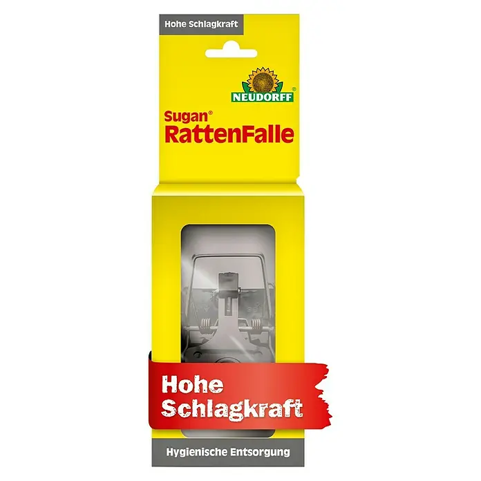 Neudorff Sugan Rattenfalle - Schlagfalle, Kunststoff - Gelb-rote Rattenfalle in Verpackung mit Aufschrift "Hohe Schlagkraft" und "Hygienische Entsorgung", Blick auf die silberne Falle.