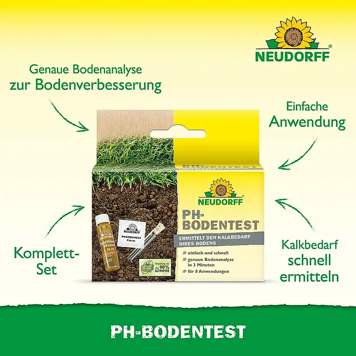 Neudorff pH-Bodentest - 8 Stk. - Produktbild des Neudorff pH-Bodentest-Kits zur einfachen und schnellen Bestimmung des Kalkbedarfs im Boden. Komplettes Set für 8 Anwendungen.