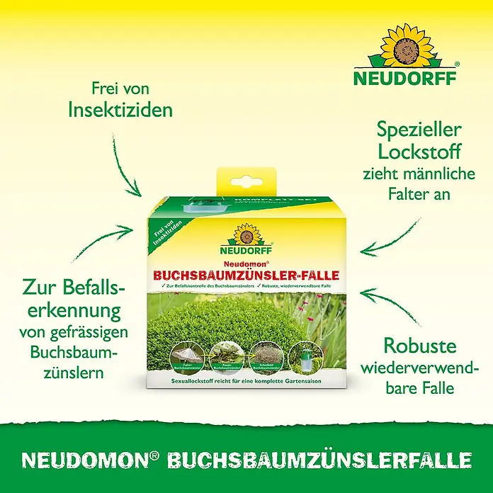 Neudorff Neudomon Buchsbaumzünsler-Falle - 1 -tlg. - Produktbild Neudomon Buchsbaumzünslerfalle: Frei von Insektiziden, Lockstoff zieht Falter an, robuste, wiederverwendbare Falle zur Befallserkennung.