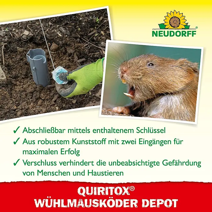 Neudorff Quiritox Wühlmausköder Depot - 67 x 248 x 275 mm - Produktfoto des Wühlmausköders Quiritox® Depot von Neudorff zur Bekämpfung von Wühlmäusen mit kindersicherem Verschluss.