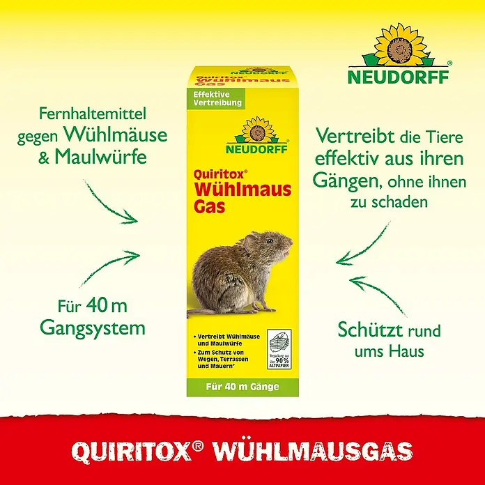 Neudorff Quiritox Wühlmausgas - 2 Stk. - Produktbild von Neudorff Quiritox Wühlmausgas, einem Mittel zur effektiven und schonenden Vertreibung von Wühlmäusen und Maulwürfen.