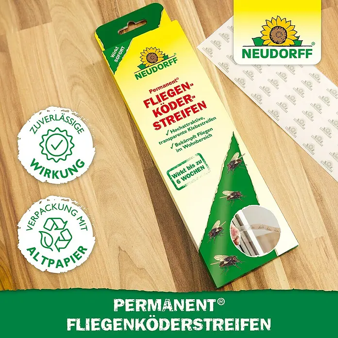 Neudorff Permanent Fliegenköder Streifen - 6 Stk. - Neudorff Permanent Fliegenköderstreifen in grün-gelber Verpackung mit Sonnenblumenlogo, zeigt Fliegen und transparente Klebestreifen auf Holzhintergrund.