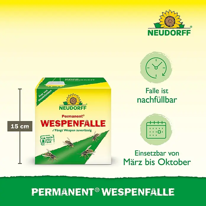 Neudorff Permanent Wespenfalle - 150 x 150 x 150 mm - NEUDORFF Permanent Wespenfalle, gelb-grüne Box mit Wespen, nachfüllbar, insektizidfrei, 15 cm hoch.