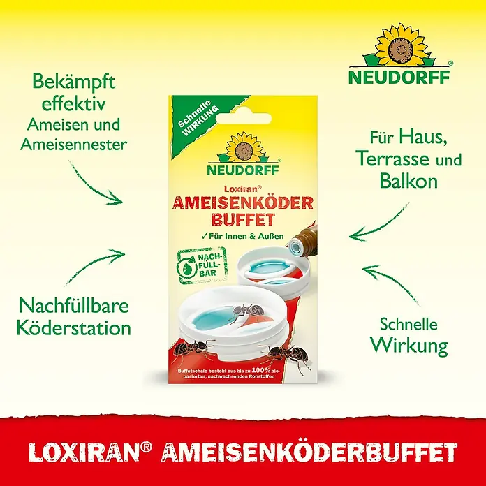 Neudorff Loxiran Ameisen-Buffet - 2 Stk. - Abbildung des Neudorff Loxiran Ameisenköder Buffet, eine effektive Lösung zur Bekämpfung von Ameisen im Haus, auf Terrassen und Balkonen.