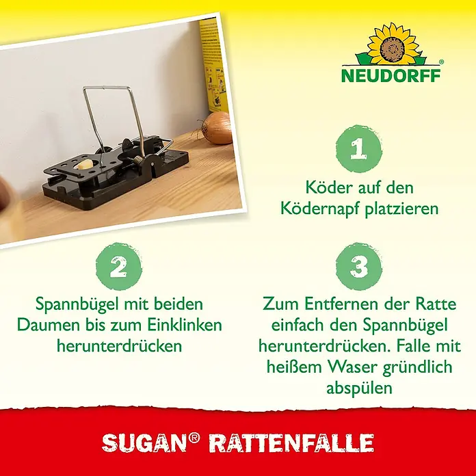 Neudorff Sugan Rattenfalle - Schlagfalle, Kunststoff - Schwarze Kunststoff-Rattenfalle mit Metallbügel und Anleitung zum Ködern, Spannen und Reinigen.