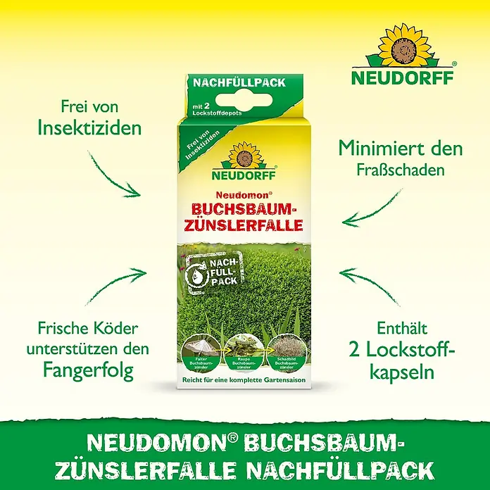 Neudorff Neudomon Buchsbaumzünsler-Falle Nachfüllpack - 2 Stk. - Bild einer Neudomon Buchsbaumzünslerfalle Nachfüllpackung, die eine effektive Lösung zur Schädlingsbekämpfung bietet.