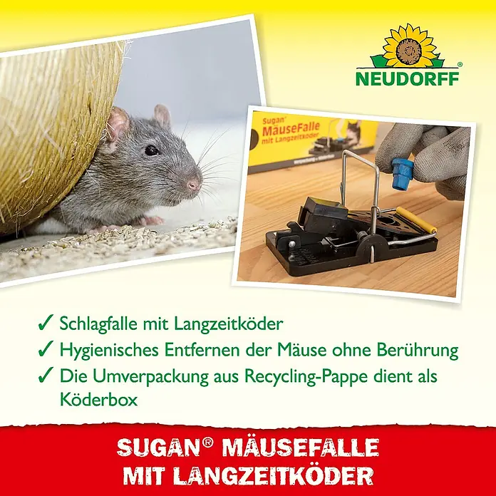 Neudorff Sugan Mausefalle mit Langzeitköder - Schlagfalle, Kunststoff - Sugan Mausefalle mit Langzeitköder. Verfügt über hygienische Mäuseentfernung und recycelbare Verpackung.