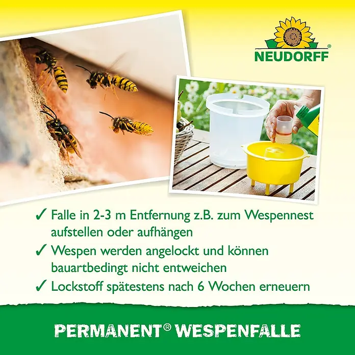 Neudorff Permanent Wespenfalle - 150 x 150 x 150 mm - Eine gelbe und klare Wespennfalle aus Kunststoff wird mit Lockstoff befüllt. Die Falle lockt Wespen an und verhindert deren Entweichen.
