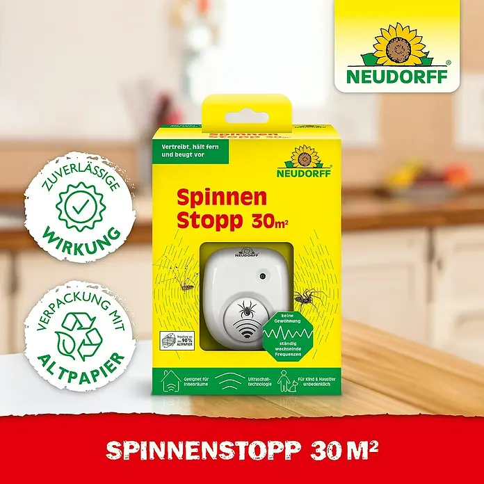 Neudorff Schädlings-Stopp - Wohnraum, Geeignet für: Spinnen - Abbildung einer Neudorff Spinnen Stopp 30m²-Packung, ein Ultraschallgerät zur Spinnenabwehr, umweltfreundlich verpackt.