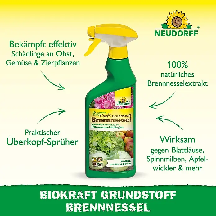 Neudorff BioKraft Grundstoff Brennnessel AF - 500 ml - Grüne Neudorff BioKraft Brennnessel Sprühflasche mit gelbem Sprühkopf für Pflanzenschädlinge.