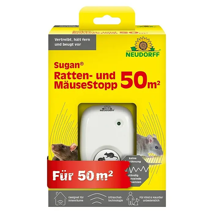 Neudorff Sugan Ratten- & Mäusebekämpfung - Max. Anwendungsfläche: 50 m² - Sugan® Ratten- und MäuseStopp 50m²: Ultraschall-Technologie zur Vertreibung von Ratten und Mäusen in Innenräumen, ungefährlich für Kinder und Haustiere.