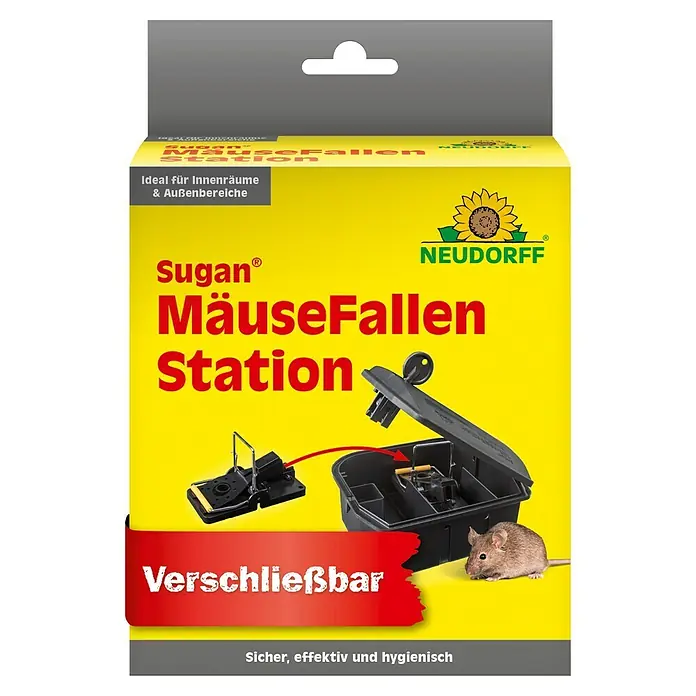 Neudorff Sugan Mausefalle FallenStation - Schlagfalle, Kunststoff - Gelb-graue Verpackung für eine Mausefallen-Station, zeigt eine schwarze Schnappfalle und eine Maus. Abschließbar für innen/außen.