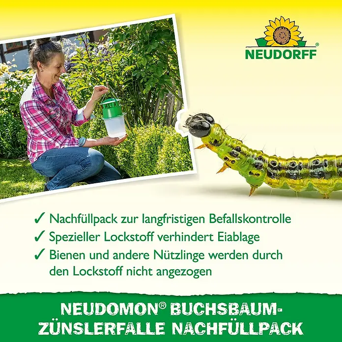 Neudorff Neudomon Buchsbaumzünsler-Falle Nachfüllpack - 2 Stk. - Produktbild des Neudorff Buchsbaumzünslerfalle Nachfüllpacks zur langfristigen Befallskontrolle im Garten.