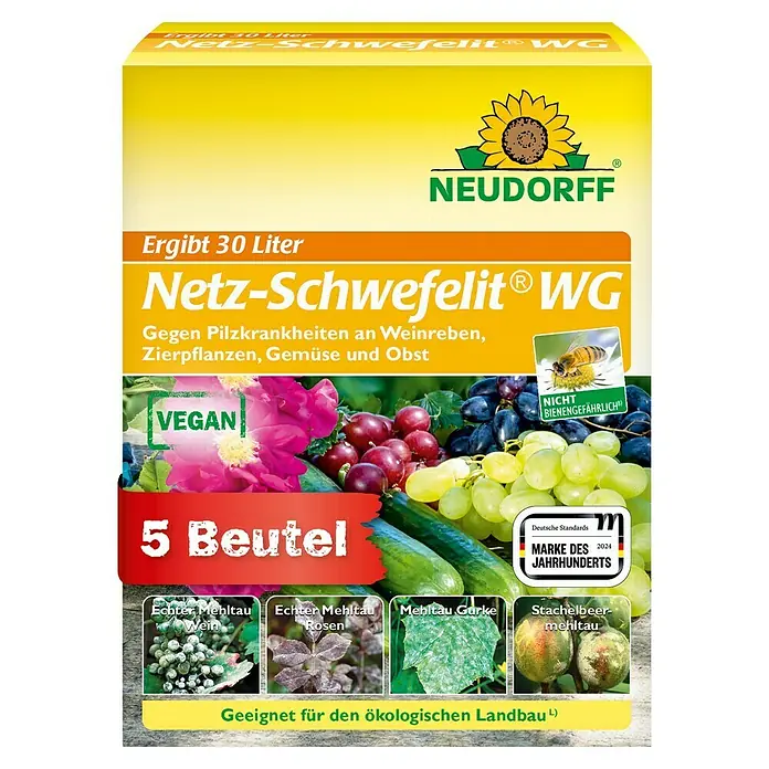Neudorff Netz-Schwefelit WG - 75 g - Neudorff Netz-Schwefelit WG: Ein veganes Produkt in einer 5-Beutel-Packung zur Bekämpfung von Pilzkrankheiten an Pflanzen.
