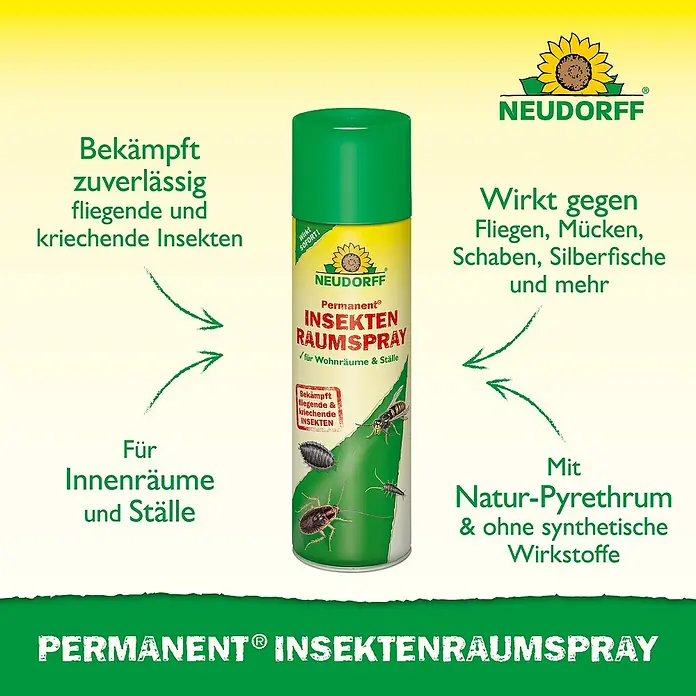 Neudorff Permanent Insekten-Raumspray - 500 ml - Neudorff Permanent Insektenspray zur zuverlässigen Bekämpfung von fliegenden und kriechenden Insekten in Innenräumen und Ställen.