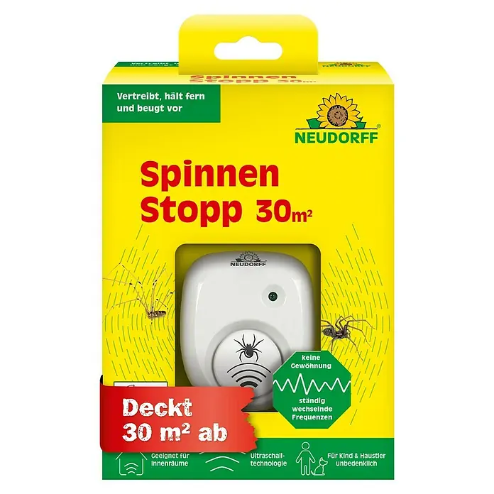 Neudorff Schädlings-Stopp - Wohnraum, Geeignet für: Spinnen - Produktbild: Neudorff Spinnen Stopp 30m², eine umweltfreundliche Lösung zur Spinnenabwehr für Innenräume mit Ultraschalltechnologie.