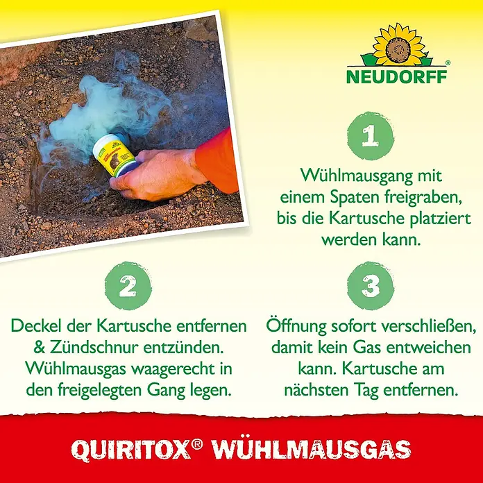 Neudorff Quiritox Wühlmausgas - 2 Stk. - Anleitung zur Anwendung von Quiritox Wühlmausgas zur Bekämpfung von Wühlmäusen im Garten.