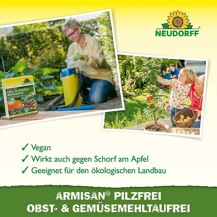 Neudorff Pilzfrei Armisan Obst- & Gemüse-MehltauFrei - 50 g - Neudorff Pflanzenmittel für Obst & Gemüse, gezeigt bei der Anwendung im Garten und mit gesunden, geernteten Äpfeln.