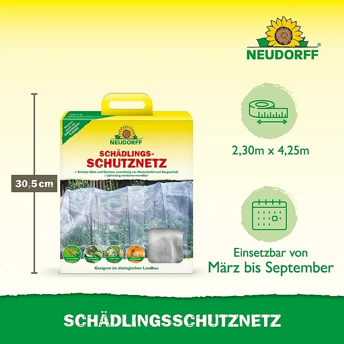 Neudorff Insektenschutz-Netz SchädlingsschutzNetz - 260 x 545 mm - Neudorff Schädlingsschutznetz: ein weißes Netz in gelber Verpackung, schützt Obst & Gemüse vor Schädlingen. Maße: 2,30x4,25m, von März bis September einsetzbar.