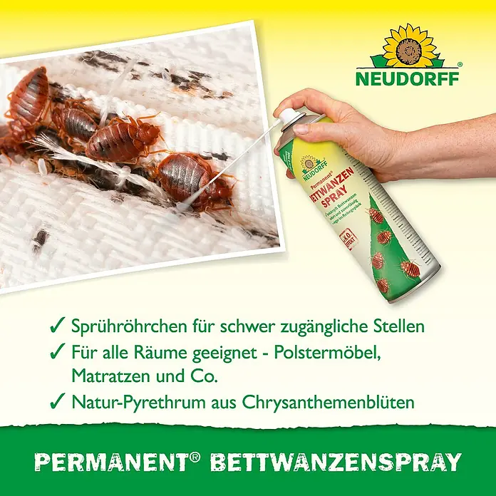 Neudorff Permanent Bettwanzenspray Bettwanzen Spray - Wirkstoff: Spinosad - Hand sprüht Neudorff Permanent Bettwanzen Spray aus gelb-grüner Dose auf Bettwanzen auf weißem Stoff. Die Dose hat einen roten Deckel und eine feine Düse.