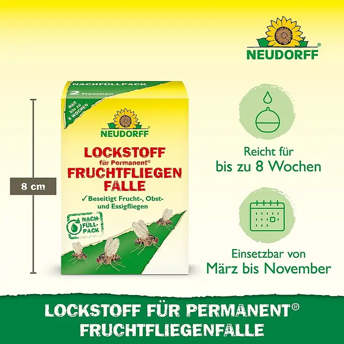 Neudorff Permanent Fruchtfliegen-Falle-Lockstoff - 60 ml - Bild einer Neudorff Lockstoff für Permanent® Fruchtfliegenfalle Nachfüllpackung, 8cm hoch, reicht bis zu 8 Wochen, einsetzbar von März bis November.
