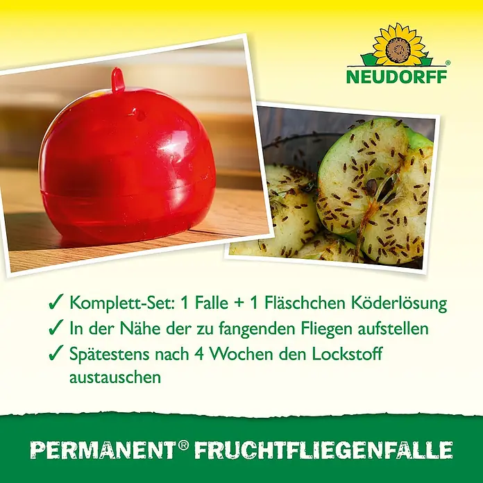 Neudorff Permanent Fruchtfliegen-Falle - 1 Stk. - Die Neudorff Permanent Fruchtfliegenfalle im Apfeldesign ist ein komplettes Set zur Bekämpfung von Fruchtfliegen.