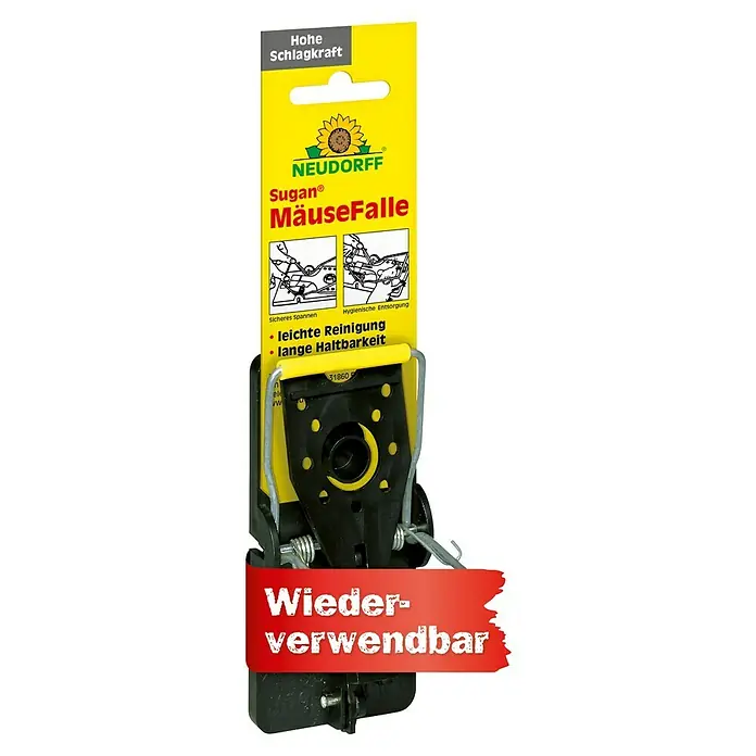 Neudorff Sugan Mausefalle - Schlagfalle, Kunststoff - Das Bild zeigt eine wiederverwendbare Sugan® Mäusefalle von Neudorff in Gelb und Schwarz, verpackt und einsatzbereit.