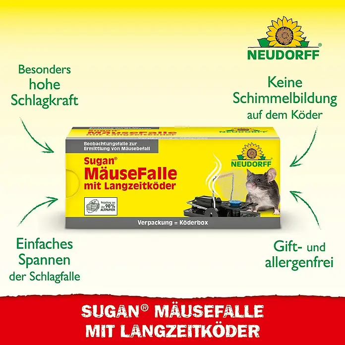 Neudorff Sugan Mausefalle mit Langzeitköder - Schlagfalle, Kunststoff - Neudorff Sugan Mausefalle mit Langzeitköder, hohe Schlagkraft, einfach zu spannen, gift- & allergenfrei, schimmelfrei.