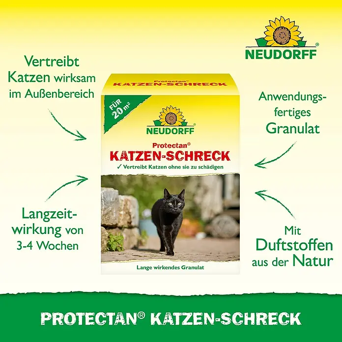 Neudorff Protectan Katzen-Schreck - Max. Anwendungsfläche: 20 m² - Produktbild von Protectan® Katzen-Schreck, einem Granulat, das Katzen auf natürliche Weise vertreibt und für den Außenbereich geeignet ist.