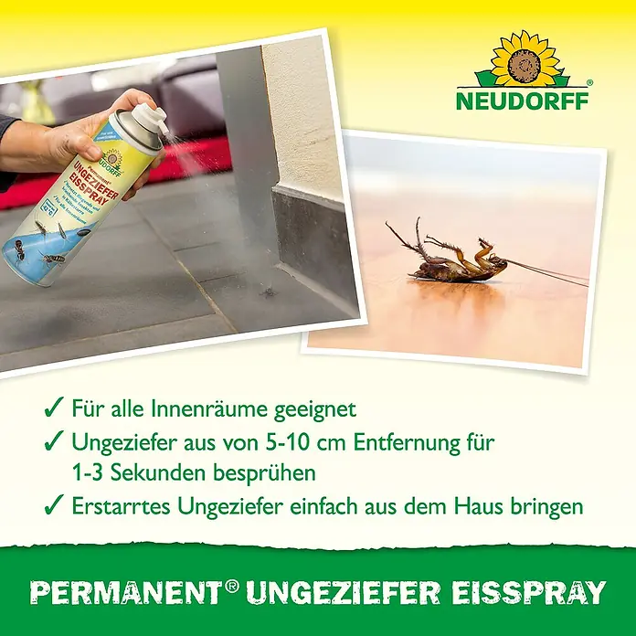 Neudorff Permanent Ungezieferspray EisSpray - 500 ml - Abbildung des NEUDORFF PERMANENT® Ungeziefer Eissprays in Aktion, das Insekten durch Vereisung unschädlich macht.