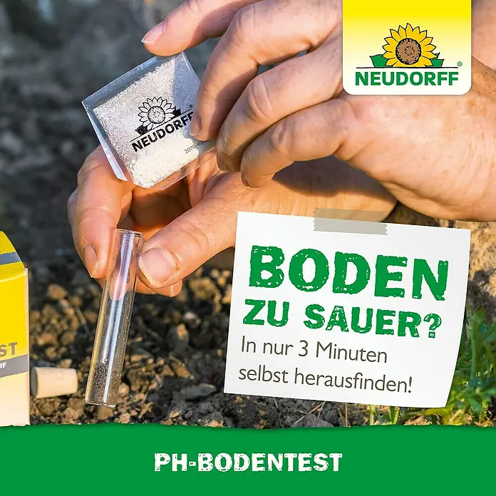 Neudorff pH-Bodentest - 8 Stk. - Eine Nahaufnahme des Neudorff pH-Bodentests in Aktion, der zeigt, wie man den Säuregehalt des Bodens schnell und einfach überprüfen kann.